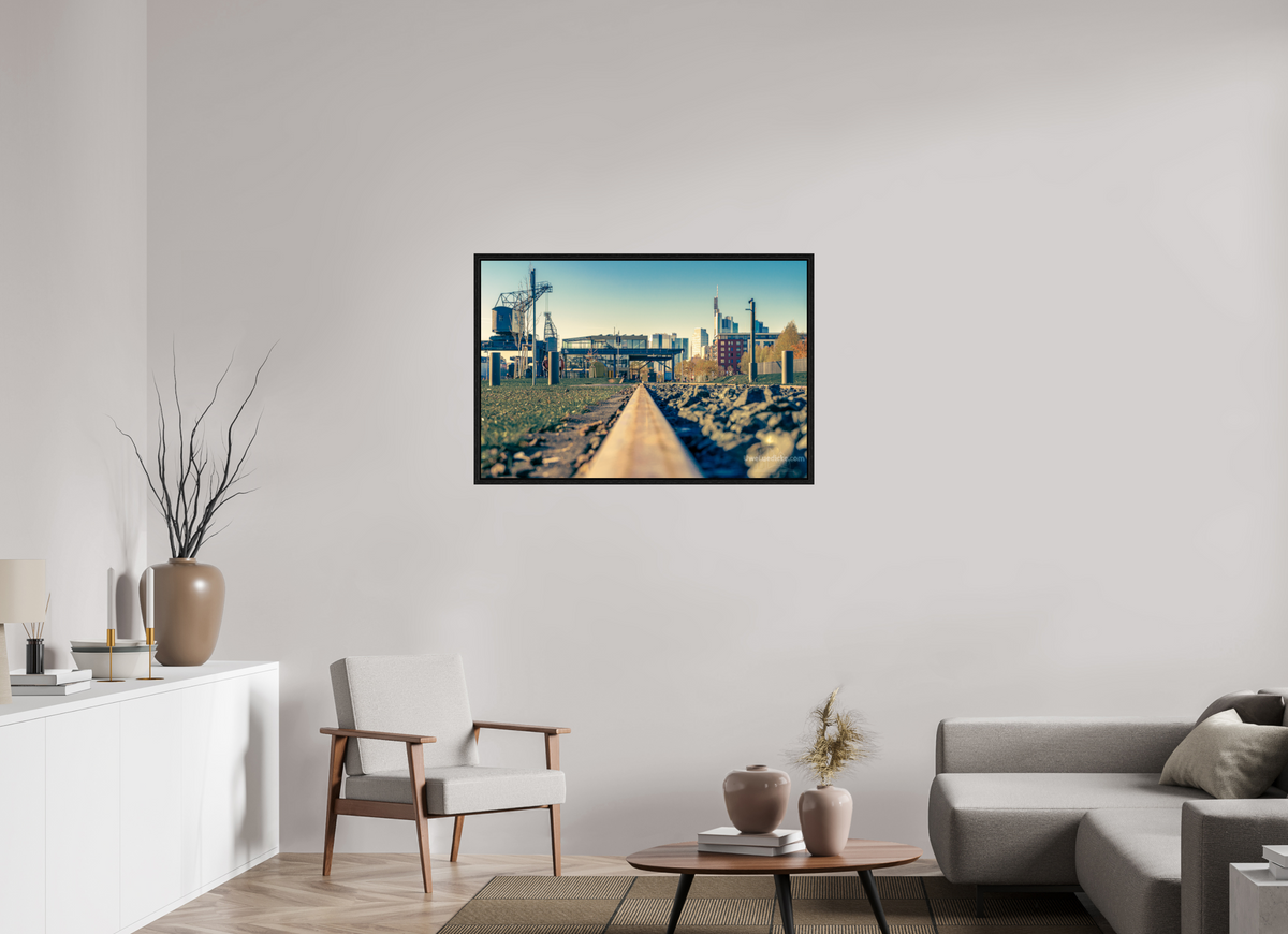 105 x 70 cm, Floater Frame Weseler Werft mit Skyline