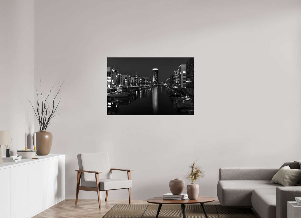 120 x 80 cm, Photo Print Under Acrylic Glass Westhafen Frankfurt in Schwarz-Weiß